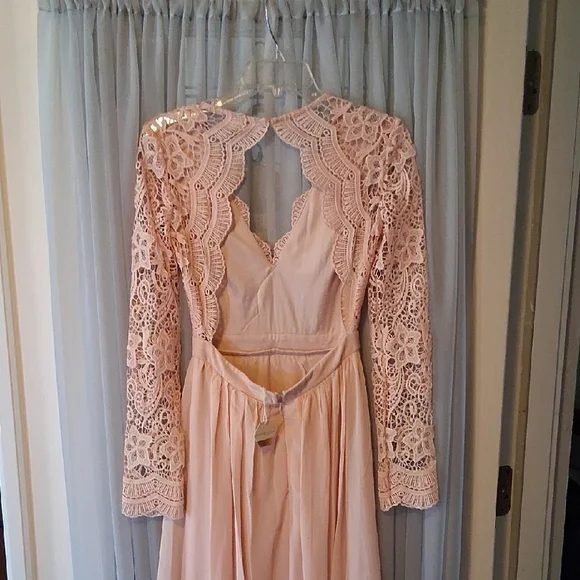 New Pinkblush Pink Long Sleeve Gown with Plunge Neckline - Picture 2 of 7
